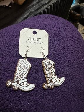 Juliet by Crystal Avenue White Western Boot Dangle Earrings